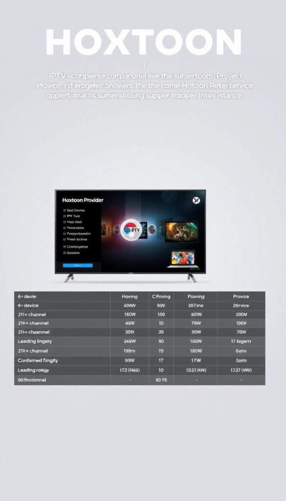 A high-quality, detailed comparison of IPTV service providers, showcasing the competitive advantages of the Hoxtoon Provider. The image depicts a modern, sleek design with a clean, minimalist layout. In the foreground, a prominent display shows key features and specifications of the Hoxtoon Provider, including its 6+ device support and 21K+ channel lineup. The middle ground features side-by-side comparisons of Hoxtoon against other leading IPTV services, highlighting its superior offerings. The background maintains a subtle, neutral tone, allowing the focal points to stand out. The overall composition conveys a sense of professionalism, technology, and market leadership for the Hoxtoon Provider brand.