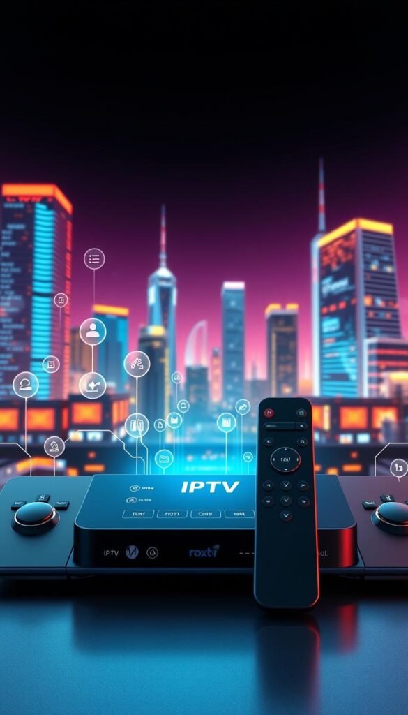 A high-quality, detailed illustration of IPTV technology featuring the Hoxtoon Provider brand. A sleek, modern control panel in the foreground with various settings and menus, surrounded by holographic data streams and icons representing IPTV services. In the middle ground, a 3D model of a streaming set-top box and remote control, with a minimalist, tech-forward design. The background showcases a vibrant, futuristic cityscape with skyscrapers and glowing network infrastructure, conveying the scale and connectivity of IPTV. Soft, directional lighting creates depth and highlights the technological elements. The overall mood is one of innovation, sophistication, and the power of IPTV technology, with the Hoxtoon Provider brand prominently featured.