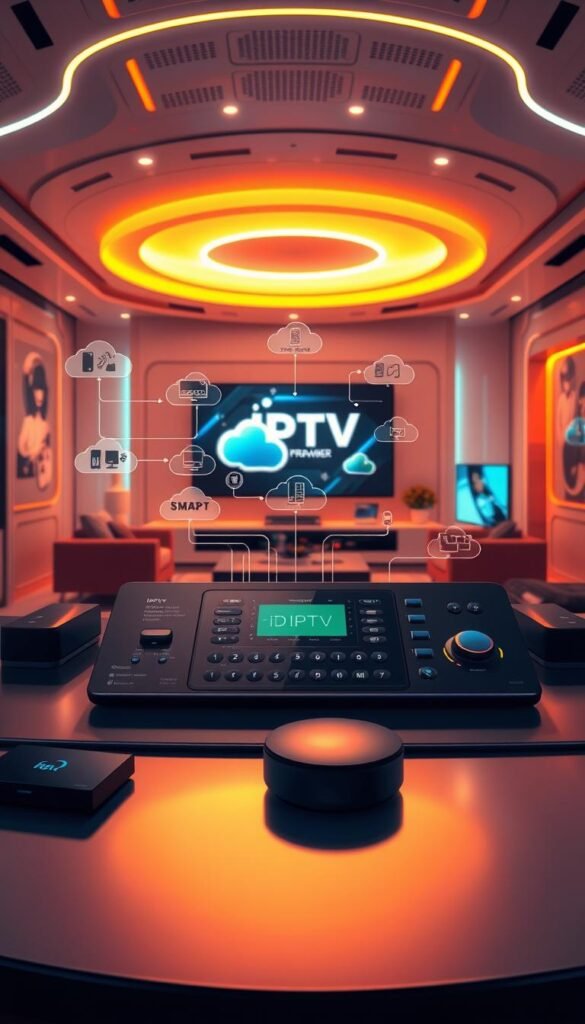 A high-quality, detailed illustration of IPTV technology in a futuristic, innovative setting. A central control panel with various smart device connections, streaming platforms, and cloud computing elements. In the background, a sleek, modern living room setup showcasing the latest IPTV hardware, including the "Hoxtoon Provider" brand. Bright, vibrant lighting emphasizes the advanced, cutting-edge nature of the technology. The scene conveys the revolutionary impact of IPTV on the way we consume television and media.