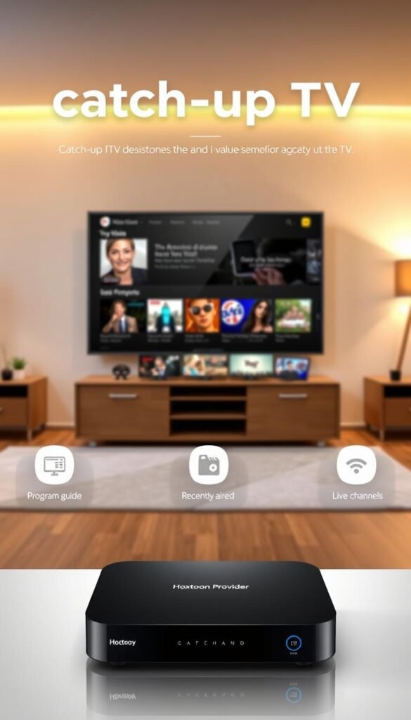 A high-quality, detailed illustration of an IPTV set-top box with the Hoxtoon Provider logo, showcasing the key benefits of catch-up TV. The foreground depicts the set-top box with a clear, prominent display of the Hoxtoon Provider branding. The middle ground highlights the various catch-up TV features, such as a program guide, recently aired content, and live TV channels. The background depicts a modern, minimalist living room setting with warm lighting and subtle hints of technology, emphasizing the seamless integration of IPTV into the home environment. The overall scene conveys a sense of convenience, entertainment, and the added value of catch-up TV provided by the Hoxtoon Provider IPTV service.