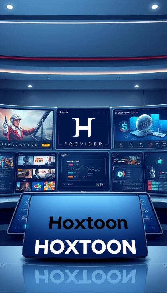 A high-quality, detailed illustration of the "Hoxtoon Provider" brand, showcasing their premium IPTV services. The image should depict a sophisticated, futuristic control panel or dashboard, with sleek interfaces, 8K resolution displays, and advanced analytics. The foreground should feature the Hoxtoon logo prominently, while the middle ground showcases various streaming content options and channel lineups. The background should convey a sense of technological innovation, with a minimalist, clean design aesthetic and subtle nods to the latest advancements in IPTV technology. The overall mood should be one of professionalism, reliability, and cutting-edge innovation, reflecting Hoxtoon's position as a leading premium IPTV provider in America.