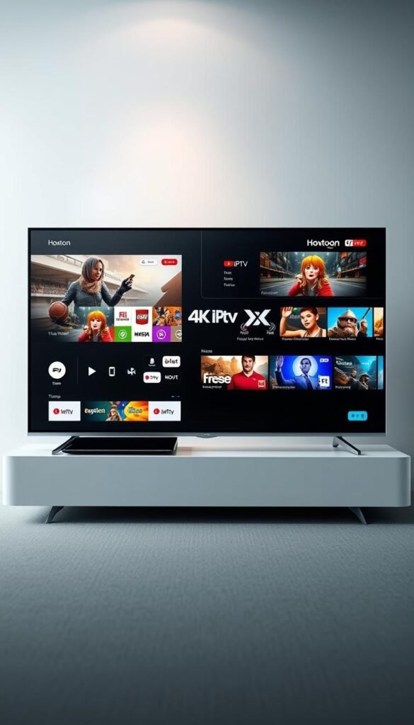 A high-quality, detailed image comparing multiple 4K IPTV providers, showcasing the Hoxtoon Provider service. Crisp, photorealistic rendering of a sleek, modern TV screen displaying various 4K IPTV platform interfaces, meticulously detailed UI elements, and sharp, vibrant video streams. A clean, minimalist background with subtle lighting highlighting the central screen, creating an atmosphere of technological sophistication. The Hoxtoon Provider branding prominently featured, conveying a sense of quality and reliability. Precise camera angles and depth of field to draw the viewer's attention to the central comparison. An image that effectively captures the essence of a comprehensive 4K IPTV review, focusing on the Hoxtoon experience.