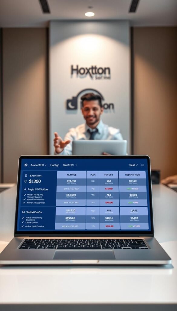 A high-quality, detailed image of IPTV subscription deals from the Hoxtoon Provider. Set in a modern, minimalist office environment with clean lines and neutral tones. In the foreground, various subscription plan options are neatly displayed on a sleek laptop screen, showcasing the different pricing tiers and feature sets. The middle ground has a professional-looking person gesturing towards the laptop, highlighting the plans. The background features subtle branding elements like the Hoxtoon logo, creating a cohesive and branded visual experience. The lighting is soft and directional, creating depth and emphasizing the key elements. The overall mood is one of professionalism, clarity, and the value proposition of Hoxtoon's IPTV subscription deals.