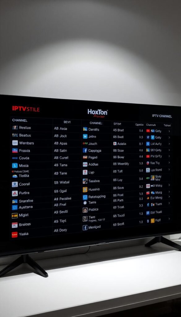 A high-quality, detailed image of a comprehensive IPTV channel list displayed on a modern, sleek digital interface. The interface has a clean, minimalist design with a dark color scheme, showcasing the Hoxtoon Provider brand. The channel list is neatly organized, with clear category labels and intuitive navigation controls. The image conveys a sense of professionalism and technological sophistication, reflecting the premium nature of the IPTV service. Lighting is soft and directional, creating depth and emphasizing the crisp, high-resolution display. The overall mood is one of clarity, efficiency, and the promise of a premium IPTV experience.