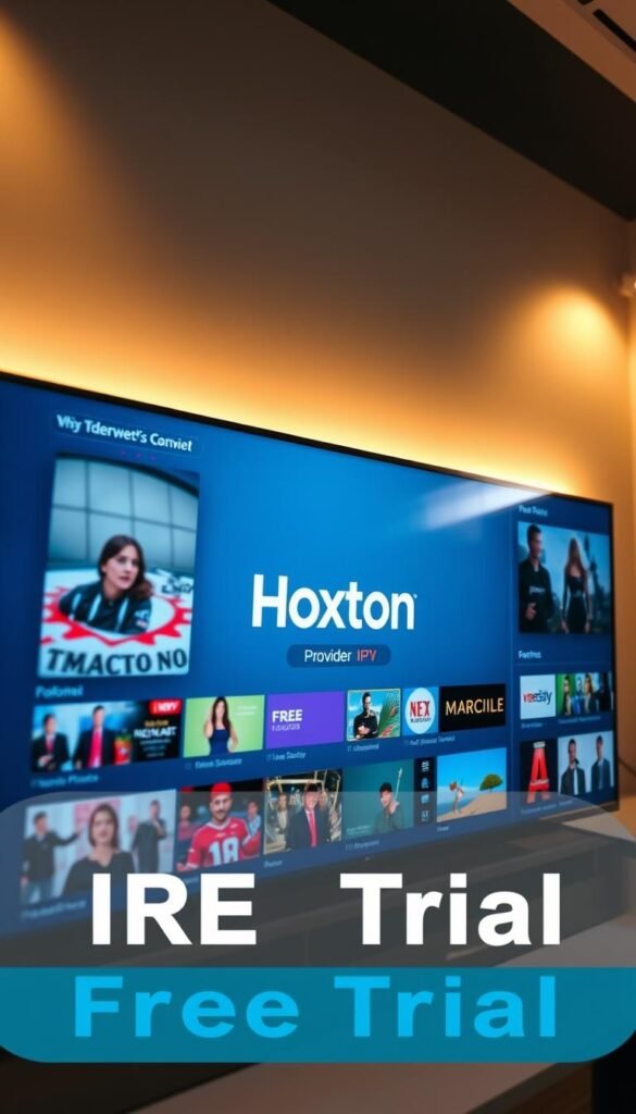 A high-quality, detailed image of a modern IPTV service user interface, showcasing various TV channels and program options. The interface should have a clean, intuitive design with a prominent "Hoxtoon Provider" logo. The channels should display a variety of content genres, from news and sports to movies and entertainment. The overall atmosphere should convey a sense of exploration and discovery, inviting the viewer to try the Hoxtoon IPTV service. The lighting should be soft and natural, with a slight warm tone, creating a welcoming and accessible ambiance. The perspective should be slightly angled, providing a dynamic and engaging view of the interface. The image should be crisp, well-composed, and visually striking, effectively illustrating the Hoxtoon IPTV service's capabilities and free trial offering.