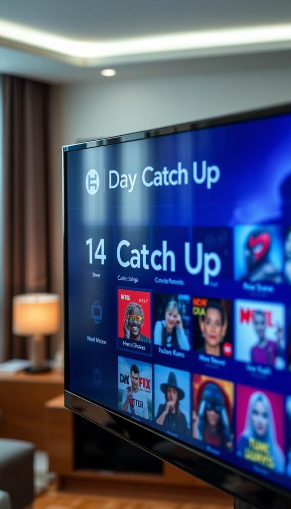 A high-quality, detailed image of a television screen displaying a "14 Day Catch Up" interface, prominently featuring the Hoxtoon Provider brand name. The screen shows a clean, intuitive user interface with a grid of thumbnails representing various TV shows and movies available for on-demand viewing. The background features a blurred, out-of-focus living room setting, conveying a sense of a comfortable, home entertainment environment. The lighting is soft and natural, creating a warm, inviting atmosphere. The angle of the shot is slightly elevated, giving the viewer a clear, unobstructed view of the television screen. The overall composition and attention to detail effectively communicate the accessibility and convenience of the 14 Day Catch Up feature offered by the Hoxtoon Provider IPTV service.