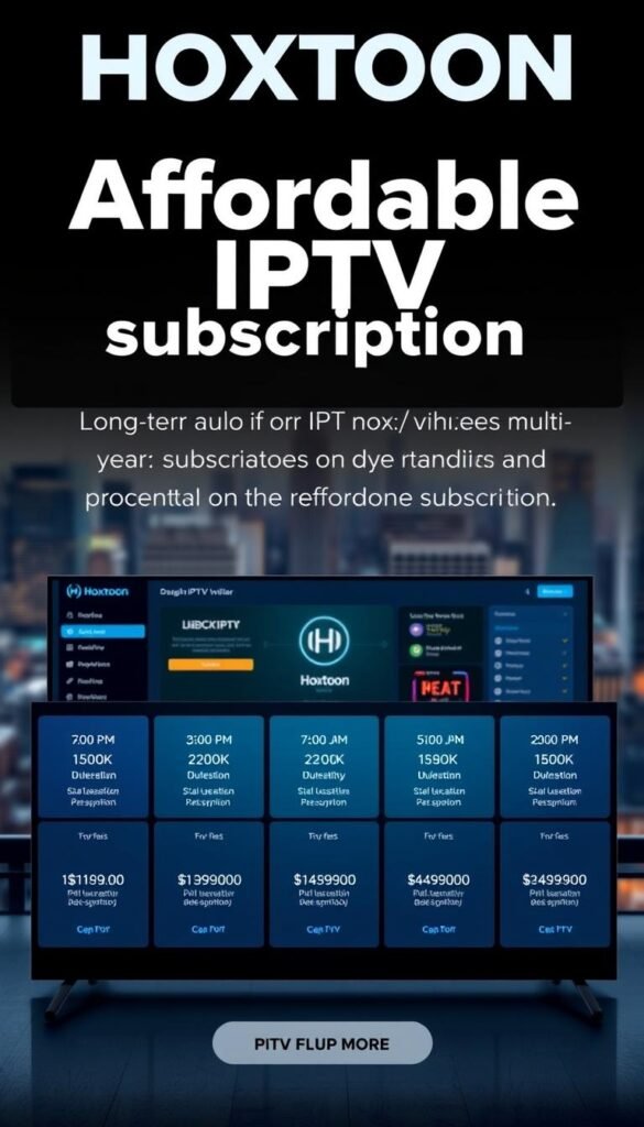 A high-quality, detailed image of affordable IPTV subscription plans offered by the Hoxtoon Provider, a leading IPTV service in the USA. The foreground showcases a grid of subscription tiers with varying durations and pricing, depicted as modern, minimalist tiles with clear, legible text. The middle ground features a sleek, high-contrast dashboard interface displaying the Hoxtoon logo and service details. The background is a softly blurred cityscape, evoking a sense of urban connectivity. The overall scene conveys a professional, technology-driven aesthetic with a focus on the long-term value and multi-year advantages of the Hoxtoon IPTV plans.