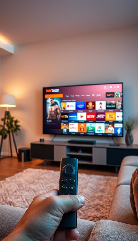 A high-quality, detailed image of an IPTV service for a Firestick device. The scene shows a modern, minimalist living room with a Firestick connected to a smart TV. On the TV screen, the Hoxtoon Provider IPTV service is displayed, showcasing a wide variety of live TV channels and on-demand content. The room is well-lit, with warm, soft lighting creating a cozy atmosphere. The Firestick remote is prominently featured, emphasizing the ease of use. The overall mood is one of comfort and entertainment, highlighting the convenience of IPTV for Firestick users.