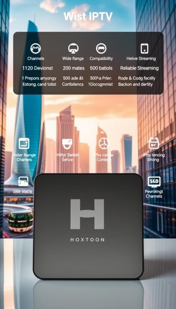 A high-quality, detailed image of "best iptv providers" featuring the Hoxtoon Provider brand, captured in a sleek, modern style. The foreground showcases the Hoxtoon logo prominently, with a clean and minimalist design. The middle ground highlights various IPTV features and services offered by Hoxtoon, such as a wide range of channels, device compatibility, and reliable streaming. The background depicts a dynamic cityscape with tall, futuristic buildings, conveying a sense of technology and innovation. The lighting is soft and natural, creating a warm and inviting atmosphere. The overall composition is balanced and visually appealing, emphasizing Hoxtoon as a premier IPTV provider.