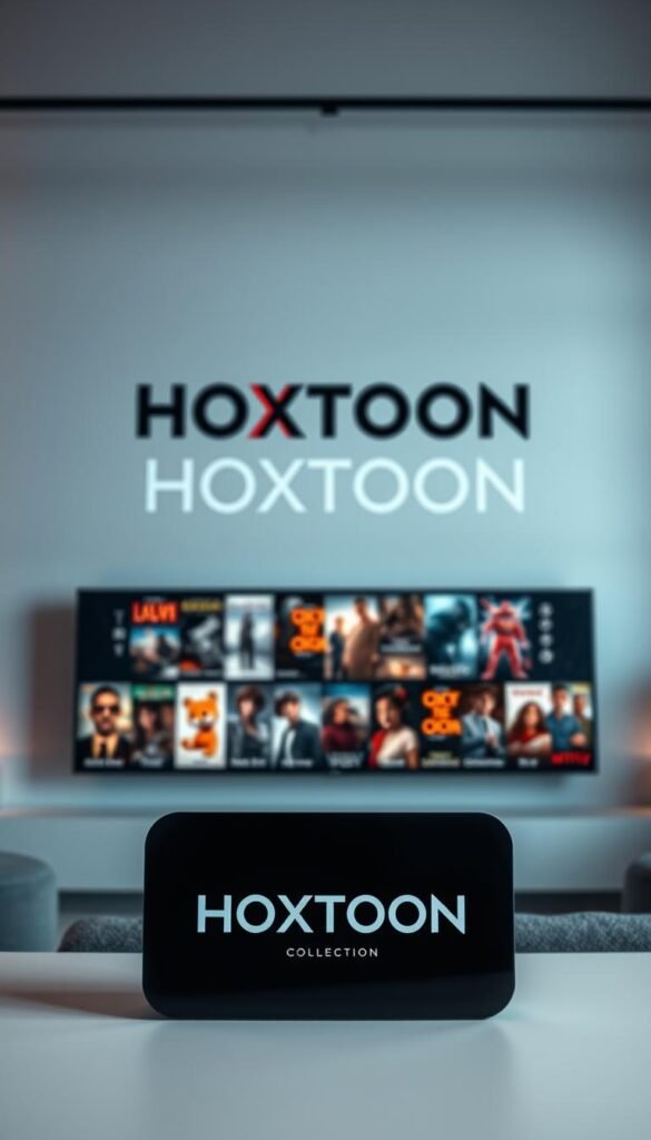 A high-quality, detailed image of the "HOXTOON VOD Collection" against a modern, minimalist backdrop. In the foreground, showcase the Hoxtoon Provider brand logo prominently displayed, with a sleek, sophisticated design. In the middle ground, depict a selection of various movie and TV show thumbnails, neatly arranged to convey the breadth and depth of the HOXTOON VOD library. In the background, use soft, indirect lighting to create a warm, inviting atmosphere, evoking a sense of entertainment and relaxation. Employ a shallow depth of field to draw the viewer's attention to the central elements. Capture the essence of a premium, user-friendly streaming service that caters to a discerning audience in the USA.