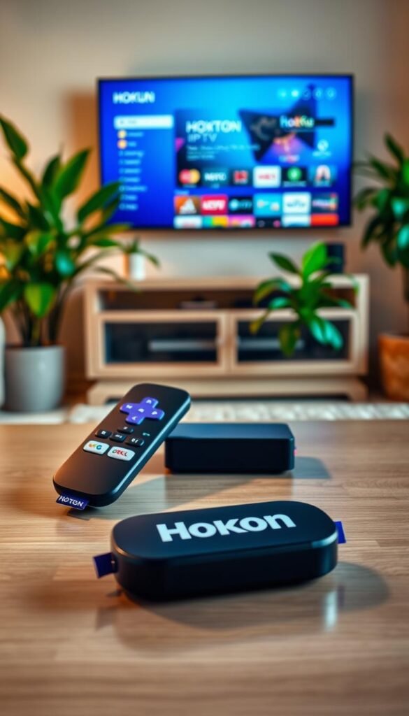 A high-quality, detailed image of the Hoxtoon IPTV provider's services on a Roku streaming device. The foreground shows a Roku remote control and the Hoxtoon app interface displayed on a Roku TV, with a clean, modern design and vibrant colors. The middle ground features a Roku streaming device, sleekly designed in black, positioned next to the remote. The background depicts a cozy, well-lit living room setting, with a comfortable sofa and lush, green houseplants, conveying a sense of relaxation and entertainment. The lighting is warm and natural, creating a inviting atmosphere. The entire scene is captured with a shallow depth of field, keeping the Hoxtoon branding and Roku device in sharp focus.