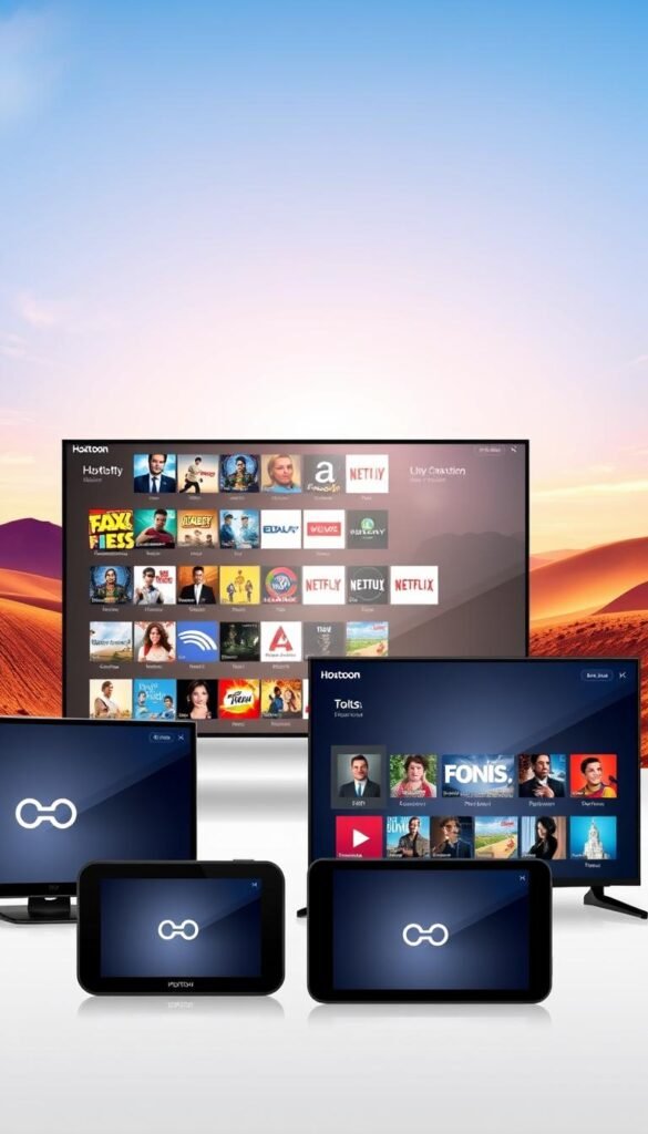 A high-quality, detailed image of the Hoxtoon Provider IPTV free trial service. The image shows a modern, sleek interface displaying a vast selection of live TV channels, movies, and on-demand content. The foreground features an array of digital devices such as smart TVs, smartphones, and tablets, each showcasing the Hoxtoon logo and highlighting the ability to access the service on multiple devices. The middle ground depicts a minimalist, well-organized user interface with clean typography and intuitive navigation. The background presents a vibrant, abstract landscape with dynamic lighting and a sense of energy, conveying the excitement and convenience of the IPTV experience. The overall mood is one of high-tech sophistication, accessibility, and the promise of an extensive, seamless entertainment solution.