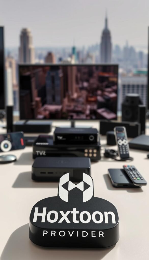 A high-quality, detailed image of the "Hoxtoon Provider" IPTV service. In the foreground, a stylized logo of the Hoxtoon brand prominently displayed, conveying a sense of professionalism and reliability. In the middle ground, various streaming devices like smart TVs, set-top boxes, and mobile devices, showcasing the wide compatibility of the Hoxtoon service. The background features a cityscape skyline, subtly hinting at the nationwide coverage and reach of Hoxtoon as the leading IPTV provider in the United States. The lighting is bright and natural, creating a clean, modern aesthetic. The overall composition and angle convey a sense of authority, quality, and innovation associated with the Hoxtoon IPTV service.