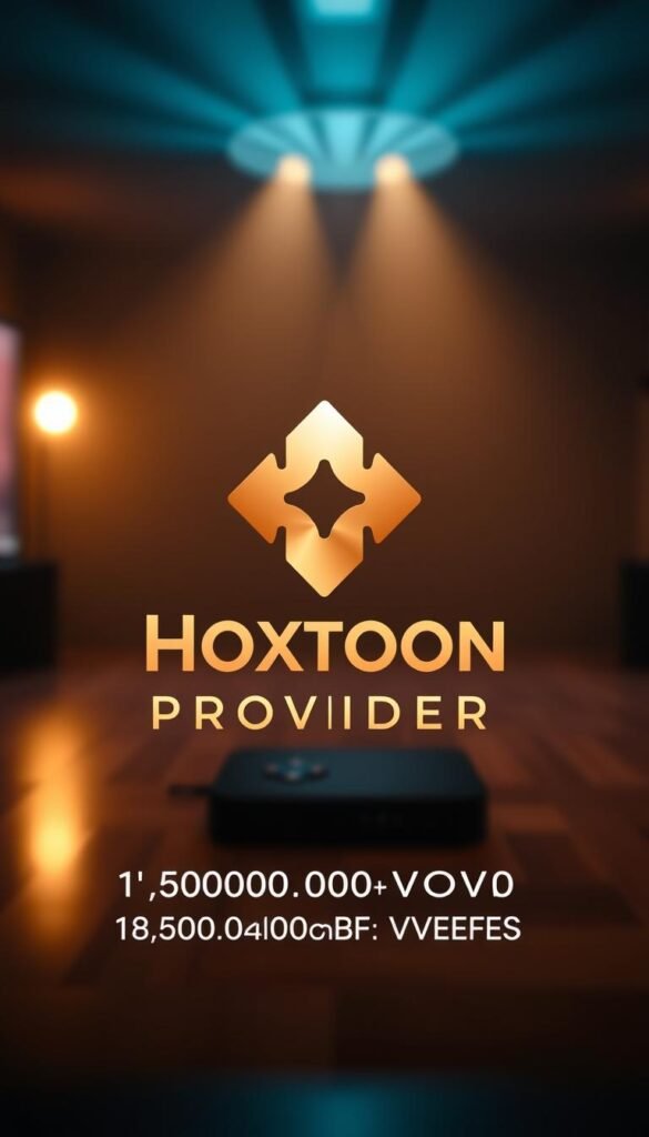 A high-quality, detailed image of the Hoxtoon Provider brand logo and design, showcasing their premium IPTV services. The logo should be the focal point, rendered in a sleek, modern style with a metallic or glossy finish. The background should feature a cinematic, moody lighting setup, with a depth of field that emphasizes the logo. Subtle visual elements, such as film grain, lens flares, or cinematic camera framing, should be incorporated to evoke a sense of premium entertainment and on-demand content. The overall aesthetic should be both visually striking and convey the expansive library of 150,000+ VOD titles available through the Hoxtoon Provider platform.