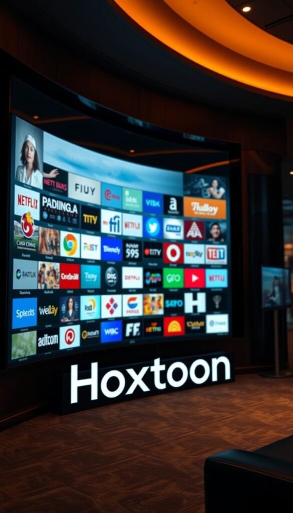 A high-quality, detailed image of the Hoxtoon Provider's impressive IPTV content library. The scene depicts a sleek, modern media hub with a large, curved display showcasing a diverse array of channels and content. The foreground features the Hoxtoon Provider logo prominently, conveying the brand's premium identity. The middle ground showcases a variety of channel logos and thumbnails, arranged in a visually appealing grid layout. The background features a soft, out-of-focus cityscape, suggesting the breadth and reach of Hoxtoon's content offerings. The lighting is warm and inviting, creating a sense of sophistication and quality. The overall composition and cinematic angle convey the scale and professionalism of the Hoxtoon IPTV service. A high-quality, detailed image of the Hoxtoon Provider's impressive IPTV content library. The scene depicts a sleek, modern media hub with a large, curved display showcasing a diverse array of channels and content. The foreground features the Hoxtoon Provider logo prominently, conveying the brand's premium identity. The middle ground showcases a variety of channel logos and thumbnails, arranged in a visually appealing grid layout. The background features a soft, out-of-focus cityscape, suggesting the breadth and reach of Hoxtoon's content offerings. The lighting is warm and inviting, creating a sense of sophistication and quality. The overall composition and cinematic angle convey the scale and professionalism of the Hoxtoon IPTV service.