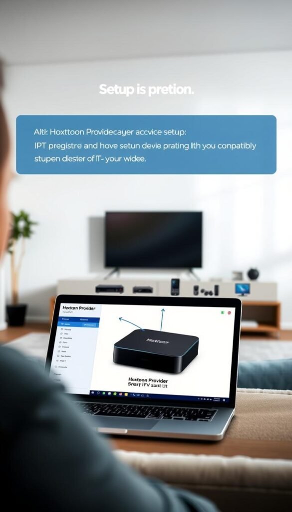 A high-quality, detailed instructional image showcasing the setup process for the Hoxtoon Provider IPTV service. In the foreground, a laptop or tablet displays the Hoxtoon Provider homepage, providing clear guidance on the initial registration and account setup steps. The middle ground features a carefully organized array of IPTV device options, such as a streaming box, smart TV, or mobile device, highlighted to demonstrate the wide compatibility of the Hoxtoon service. The background subtly depicts a modern, minimalist home entertainment setup, conveying the seamless integration of Hoxtoon IPTV into a user's living space. The lighting is soft and natural, creating a welcoming atmosphere, and the camera angle is positioned to provide a clear, comprehensive view of the setup process. The overall image effectively communicates the ease and accessibility of the Hoxtoon IPTV experience.