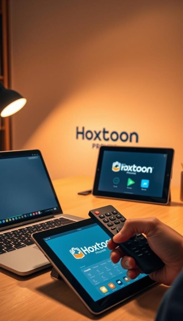A high-quality, detailed step-by-step guide for setting up the Hoxtoon Provider IPTV service. The image depicts a modern, minimalist home office setup with a laptop, remote control, and a tablet displaying the Hoxtoon logo and interface. Warm lighting illuminates the scene, creating a cozy and inviting atmosphere. The foreground showcases the setup process, with the laptop screen showing configuration options and the remote control in hand, suggesting user interaction. The middle ground features the Hoxtoon Provider branding, while the background subtly blends in neutral tones to maintain focus on the key elements. The overall composition conveys a seamless, user-friendly IPTV setup experience.