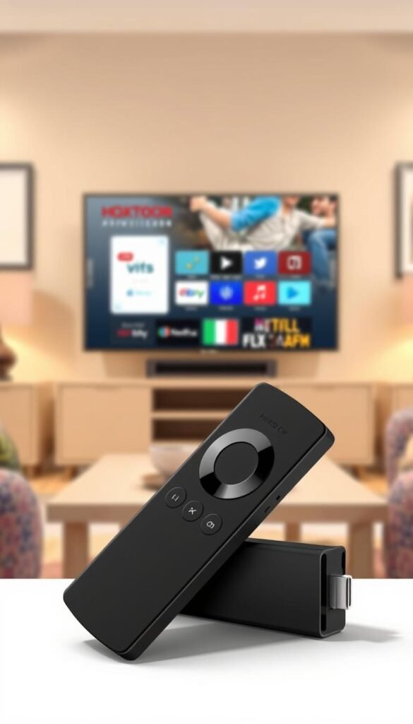A high-quality digital illustration depicting a Firestick device prominently displayed in the foreground, with a clean and modern user interface showcasing the Hoxtoon Provider IPTV service. The Firestick is positioned against a blurred backdrop of a living room setting, conveying a sense of everyday usage in a home environment. The image should have a warm, inviting color palette and soft, diffused lighting to create a welcoming atmosphere. The overall composition should emphasize the ease and accessibility of the IPTV service on the Firestick device.