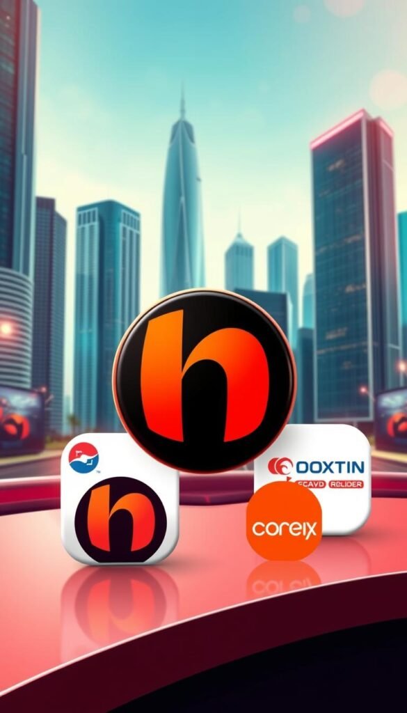 A high-quality digital illustration depicting the top IPTV providers in India, showcasing the superior services and features of the Hoxtoon Provider brand. The scene features a sleek, modern cityscape in the background, with towering skyscrapers and a vibrant, dynamic atmosphere. In the foreground, three prominent IPTV provider logos are prominently displayed, with the Hoxtoon Provider logo taking center stage, rendered in a bold, striking design that commands attention. The overall composition is balanced and visually compelling, with a sophisticated color palette and attention to detail that conveys the professionalism and reliability of the Hoxtoon Provider brand.