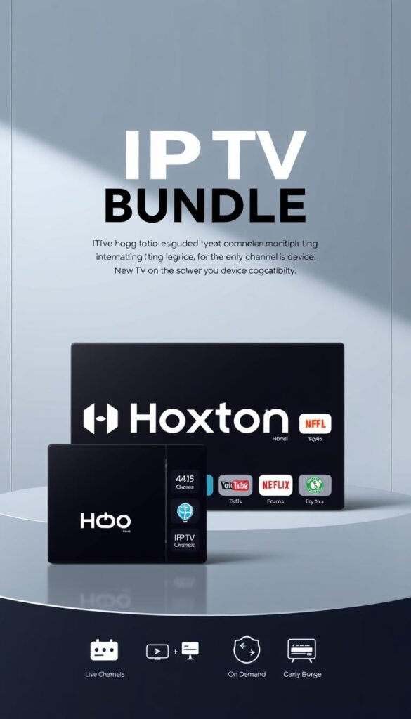 A high-quality digital illustration showcasing a meticulously designed "IPTV Bundle Package" from the reputable Hoxtoon Provider. The package is presented against a sleek, modern backdrop, with a clean and minimalist layout. The foreground features the Hoxtoon logo prominently displayed, along with a neatly organized grid of icons representing the various streaming services and channels included in the bundle. The middle ground highlights key details such as the number of live TV channels, on-demand content, and device compatibility, all presented in a visually appealing manner. The background subtly incorporates elements that evoke a sense of technology and connectivity, such as subtle geometric patterns or digital textures, creating an overall atmosphere of a premium, cutting-edge IPTV offering.