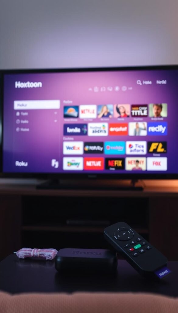 A high-quality digital media streaming device, a Roku TV sits atop a modern entertainment setup. On its screen, the Hoxtoon Provider IPTV service is prominently displayed, offering a vast library of live TV channels, on-demand content, and premium subscriptions. The Roku's sleek remote lies nearby, ready to navigate the intuitive Hoxtoon interface. Soft, ambient lighting illuminates the scene, creating a cozy, immersive atmosphere for the viewer to explore the comprehensive IPTV options available on their Roku TV.