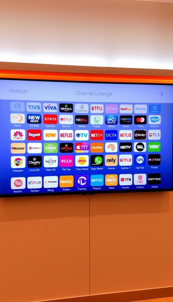 A high-quality digital screen displaying the extensive channel lineup of the Hoxtoon Provider IPTV service. The screen is illuminated by warm, diffused lighting, creating a sleek and professional appearance. The channel icons are arranged in a clean, grid-like layout, showcasing the breadth of content available, from news and sports to movies and entertainment. The background is a subtle gradient, allowing the channel logos to stand out prominently. The overall composition conveys a sense of sophistication and attention to detail, reflecting the premium quality of the Hoxtoon IPTV service.