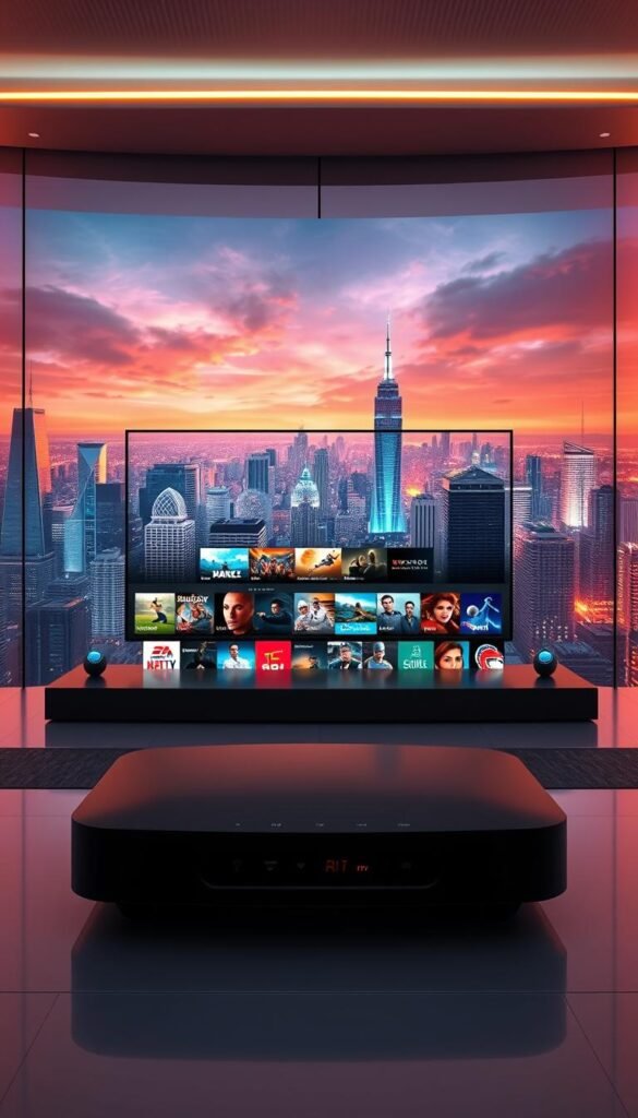 A high-quality, futuristic image depicting the "Hoxtoon Provider" IPTV streaming service. In the foreground, a sleek, modern media hub with intuitive controls and a minimalist design. In the middle ground, a large, cinematic display showcasing a diverse array of live TV channels, movies, and sports events. In the background, a cityscape of towering skyscrapers and a vibrant, neon-lit skyline, conveying a sense of urban connectivity and technological advancement. The scene is bathed in a warm, directional lighting that creates depth and dimensionality, while the camera angle suggests an elevated, bird's-eye view. The overall mood is one of reliable, high-performance IPTV streaming that seamlessly integrates with the user's digital lifestyle.
