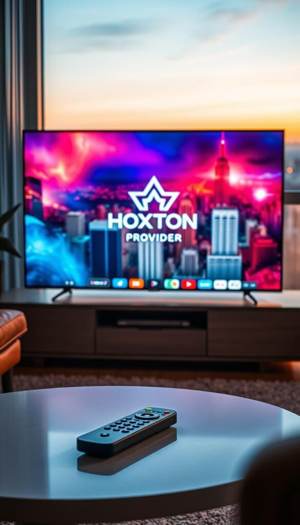 A high-quality, high-resolution cinematic image of a modern living room with a large flat-screen television displaying a vibrant and dynamic IPTV streaming interface. The room is bathed in warm, soft lighting, creating a cozy and inviting atmosphere. In the foreground, a sleek and stylish remote control rests on a minimalist coffee table, hinting at the seamless user experience. The middle ground features a Hoxtoon Provider logo prominently displayed on the television screen, showcasing the brand's cutting-edge IPTV technology. The background depicts a panoramic view of a bustling city skyline, reflecting the evolution of television entertainment in America.