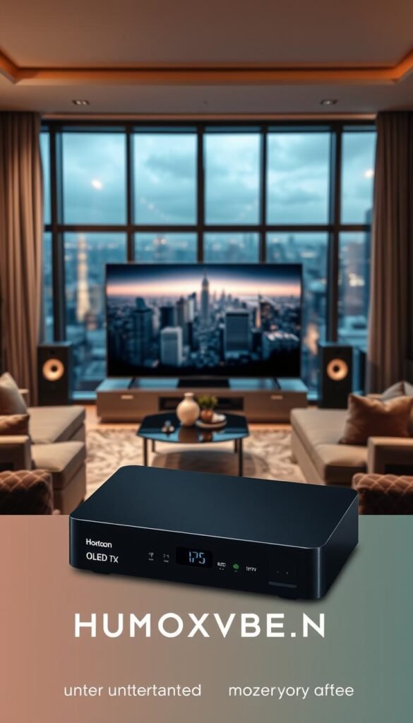 A high-quality home theater setup with a sleek OLED TV, surround sound speakers, and a Hoxtoon Provider IPTV box in the foreground. The middle ground features a cozy living room with plush seating and a coffee table, bathed in soft, warm lighting. The background depicts a city skyline visible through large panoramic windows, conveying a sense of urban sophistication. The overall scene exudes a mood of comfort, entertainment, and an uninterrupted streaming experience, showcasing the Hoxtoon Provider's reliable, buffering-free IPTV service.
