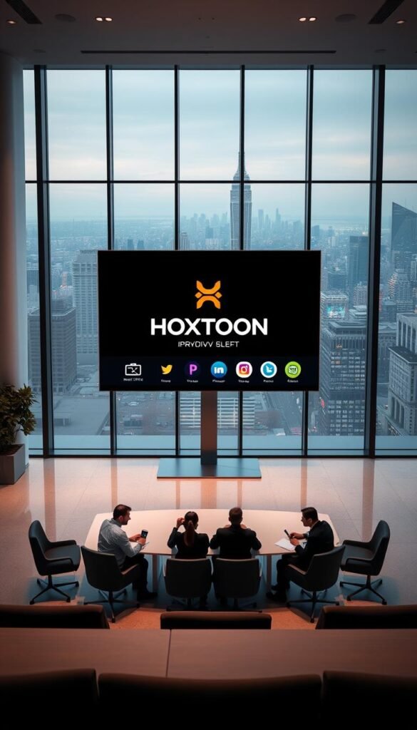 A high-quality, hyper-realistic image of the "HOXTOON IPTV Service Overview". Set in a modern, minimalist office environment with clean lines and a professional aesthetic. The Hoxtoon Provider logo prominently displayed on a large monitor in the foreground, showcasing the service's user interface and features. In the middle ground, a team of professionals gathered around a conference table, discussing the IPTV offering. The background features floor-to-ceiling windows overlooking a bustling city skyline, conveying a sense of scale and success. Soft, directional lighting illuminates the scene, creating depth and drama. The overall mood is one of authority, innovation, and cutting-edge technology.
