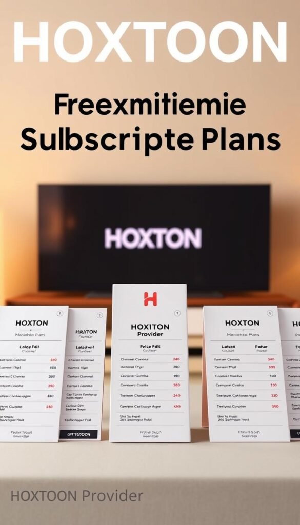 A high-quality image of HOXTOON's IPTV subscription plans, captured in a minimalist, clean-lined design aesthetic. The foreground prominently features various IPTV plan options, each with distinct pricing tiers, channel counts, and feature highlights, presented on sleek, matte-finish cards. The middle ground showcases a central graphic or icon representing the HOXTOON Provider brand, conveying its reliability and premium quality. The background is a softly blurred, neutral-toned backdrop, allowing the subscription plan details to take visual precedence. The overall scene is lit by warm, diffused lighting, creating a professional, yet inviting atmosphere suitable for an informative article on premium IPTV services.