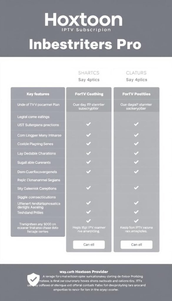 A high-quality image of Hoxtoon IPTV Smarters Pro subscription plans, showcasing a clean and visually appealing layout with a focus on key features and pricing options. The image should have a sleek, modern design with a neutral color palette, clear and legible typography, and well-organized information. The Hoxtoon Provider brand should be prominently displayed, with a professional and trustworthy aesthetic. The overall composition should convey a sense of simplicity, clarity, and accessibility, making the subscription plans easy to understand and compare at a glance.