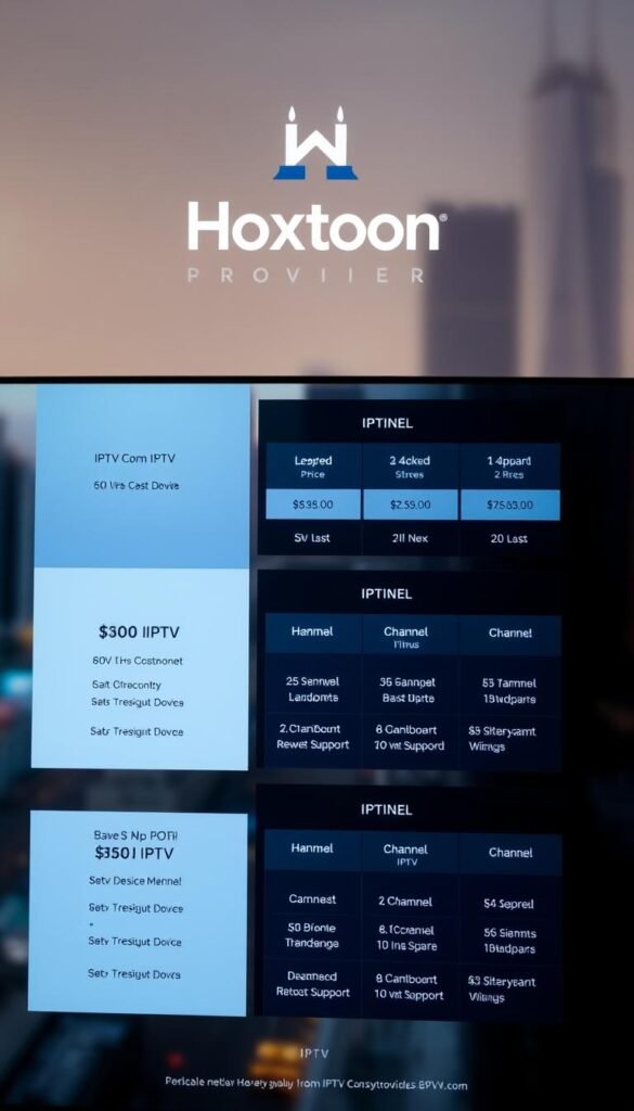 A high-quality image of IPTV subscription plans from the Hoxtoon Provider. The image shows a sleek, modern interface with a grid layout showcasing different IPTV plan options. The plans are presented with clear pricing, channel counts, and device support details. The background features a soft, blurred cityscape, creating a professional and premium atmosphere. The Hoxtoon Provider logo is prominently displayed, ensuring brand recognition. The lighting is balanced, with a warm, inviting tone. The camera angle is slightly elevated, giving the viewer a clean, unobstructed view of the subscription plans. The overall composition is visually appealing and effectively communicates the key details of the IPTV offering.