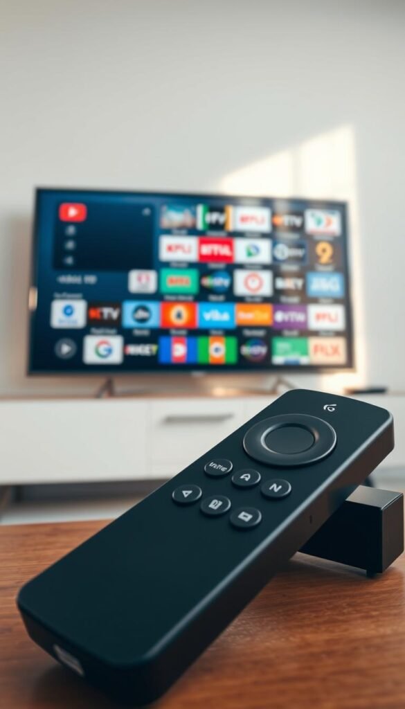 A high-quality image of a Firestick remote control and a TV screen displaying an array of IPTV channels, all set against a clean, minimalist background. The remote control should be prominently featured in the foreground, with the TV screen in the middle ground. The TV screen should display a diverse selection of IPTV channel logos, reflecting the breadth of content available. The lighting should be soft and natural, creating a warm and inviting atmosphere. The overall composition should convey a sense of professionalism and legality, in line with the "Legal Considerations When Using IPTV Services" section. The Hoxtoon Provider brand name should be subtly integrated into the design, perhaps as a watermark or logo in the corner of the TV screen.