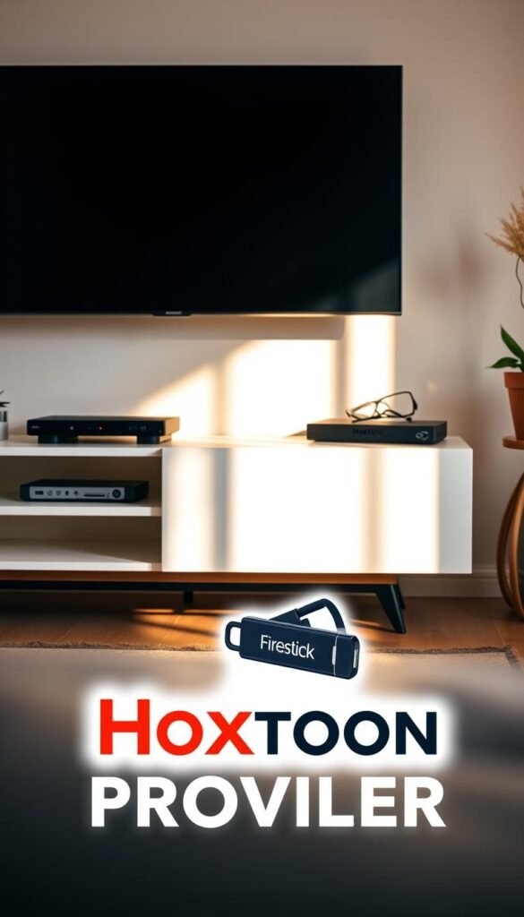 A high-quality image of a Firestick streaming device on a modern, minimalist TV stand. The Firestick is prominently displayed, surrounded by a clean, clutter-free environment. The scene is illuminated by warm, natural lighting, creating a cozy, inviting atmosphere. In the foreground, a Hoxtoon Provider IPTV service logo is clearly visible, highlighting the device's capability to access a wide range of streaming content. The overall composition emphasizes the simplicity and convenience of using a Firestick for IPTV services, reflecting the rising popularity of this technology.