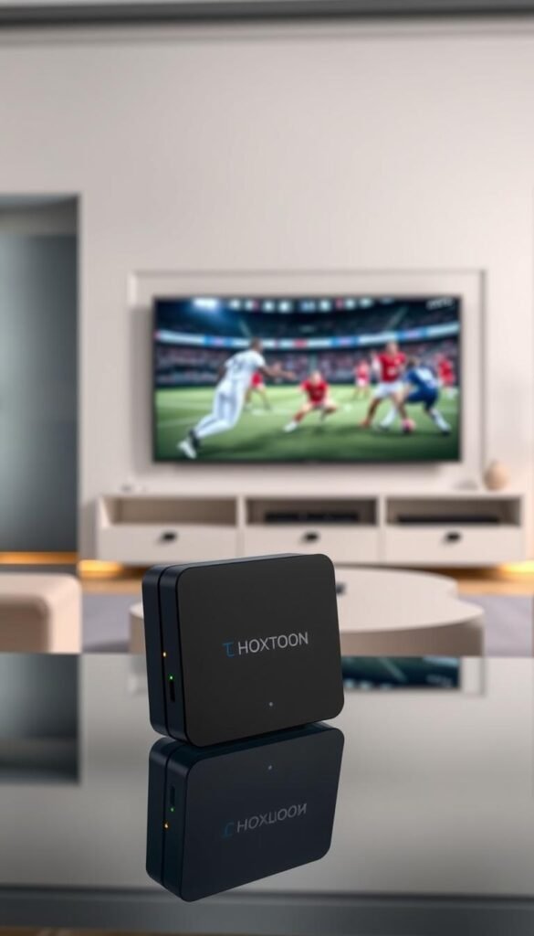 A high-quality image of a sleek and modern IPTV sports streaming setup. The foreground features the Hoxtoon Provider device, a compact and minimalist design with clean lines and a matte black finish. The device is positioned on a glass or metal surface, reflecting the ambient lighting. In the middle ground, a large, high-definition widescreen display shows a live sports event, with players in action and dynamic camera angles. The background showcases a stylish, minimalist home entertainment setup, with subtle ambient lighting and clean, contemporary furnishings. The overall scene conveys a sense of technological sophistication, seamless connectivity, and an immersive sports viewing experience.
