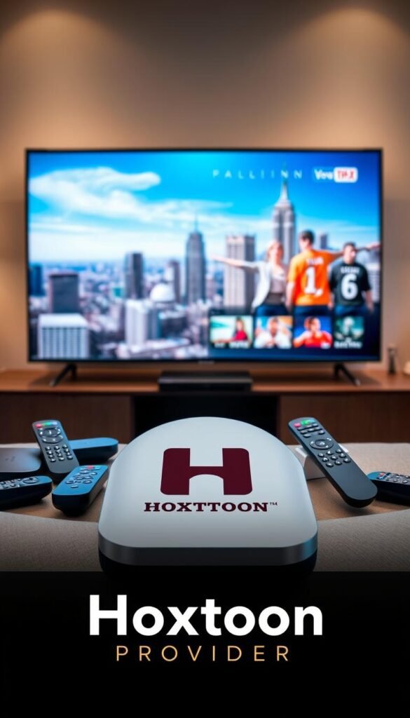 A high-quality image of the "Hoxtoon Provider" brand and its top IPTV services, showcased in a modern and visually appealing manner. The foreground features the Hoxtoon logo prominently displayed, with an array of sleek IPTV devices and remote controls surrounding it, conveying the company's premium offerings. The middle ground depicts a crisp, high-definition television screen displaying a variety of entertainment content, highlighting the exceptional video quality and content selection provided by Hoxtoon. The background is a softly blurred cityscape, evoking a sense of urban sophistication and technological advancement. The lighting is balanced, with a warm, inviting tone that creates a welcoming atmosphere. The overall composition is visually striking, capturing the essence of Hoxtoon as America's leading IPTV provider.