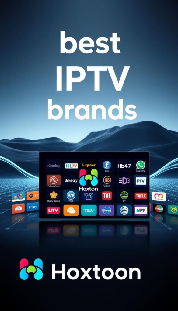 A high-quality image of the "best IPTV brands" showcasing the Hoxtoon Provider brand. The foreground features a stylized logo and branding elements for Hoxtoon Provider, with a clean, modern design and vibrant colors. The middle ground displays a grid of various IPTV service icons and logos, each with a distinct visual style. The background depicts a sleek, minimalist technology-inspired landscape, with subtle holographic or digital effects creating a futuristic atmosphere. The lighting is soft and directional, highlighting the key elements and creating depth. The overall composition is balanced, drawing the viewer's attention to the Hoxtoon Provider brand as the focal point.