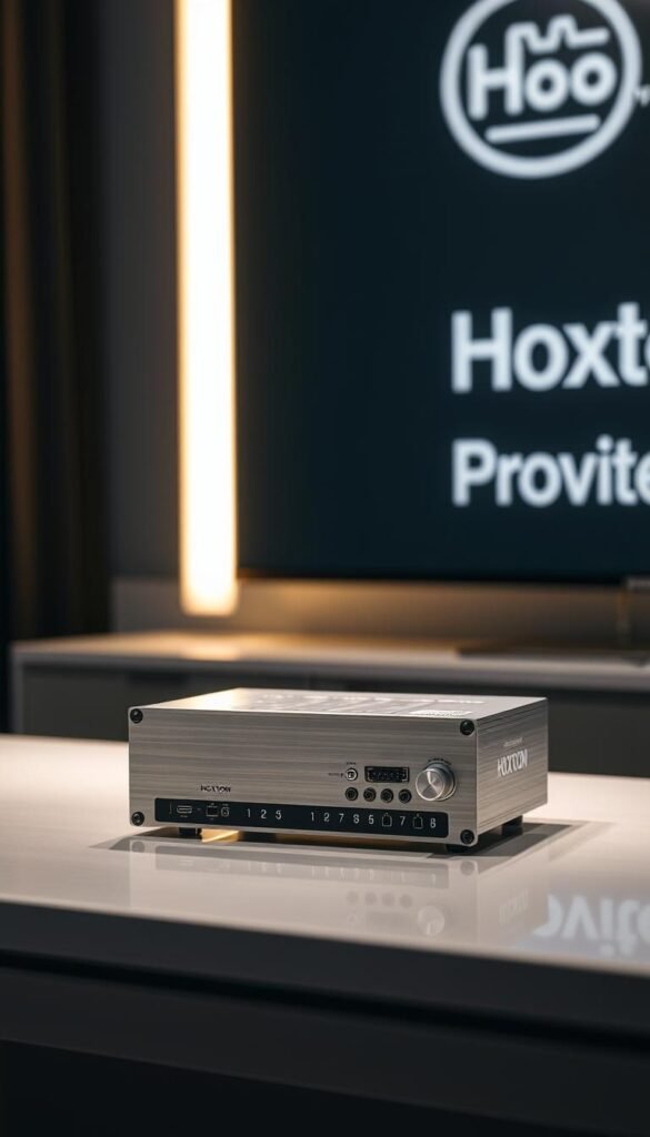 A high-quality, industrial-grade IPTV encoder sitting prominently on a sleek, modern desk. The encoder's clean, minimal design features a brushed aluminum chassis and precision-engineered controls. Soft, directional lighting casts a warm glow across the scene, highlighting the encoder's sharp edges and the smooth, reflective surface. In the background, a large, high-resolution display shows the Hoxtoon Provider logo, signifying the encoder's integration with this premier IPTV service. The overall atmosphere conveys a sense of technological sophistication and professional-grade performance.