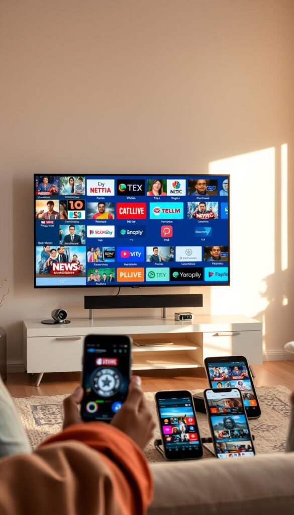 A high-quality live stream of popular Indian television channels, showcasing vibrant colors, crisp clarity, and seamless performance. The foreground depicts a modern smart TV displaying a diverse lineup of channels, ranging from news to entertainment, all emanating a sense of dynamism and engagement. The middle ground features various devices, such as smartphones and tablets, connected to the streaming service, highlighting the versatility of the "Hoxtoon Provider" platform. The background showcases a minimalist, yet sophisticated living space, bathed in warm, natural lighting, creating an atmosphere of comfort and relaxation for the viewer.