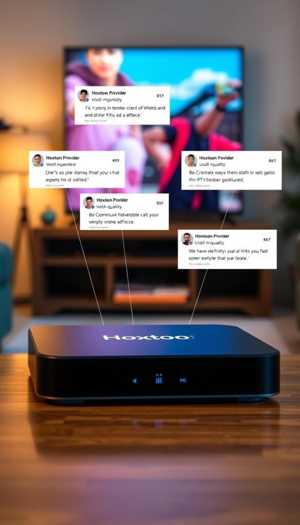 A high-quality mag box device with the "Hoxtoon Provider" IPTV subscription service displayed prominently on the screen. The device is positioned in the foreground, with a warm and inviting lighting setup that highlights its sleek, modern design. In the middle ground, there are a few user testimonials and community feedback comments hovering around the device, conveying a sense of trust and satisfaction with the Hoxtoon service. The background features a blurred, cozy living room setting, suggesting the comfortable home environment where the mag box and IPTV subscription would be used. A high-quality mag box device with the "Hoxtoon Provider" IPTV subscription service displayed prominently on the screen. The device is positioned in the foreground, with a warm and inviting lighting setup that highlights its sleek, modern design. In the middle ground, there are a few user testimonials and community feedback comments hovering around the device, conveying a sense of trust and satisfaction with the Hoxtoon service. The background features a blurred, cozy living room setting, suggesting the comfortable home environment where the mag box and IPTV subscription would be used.