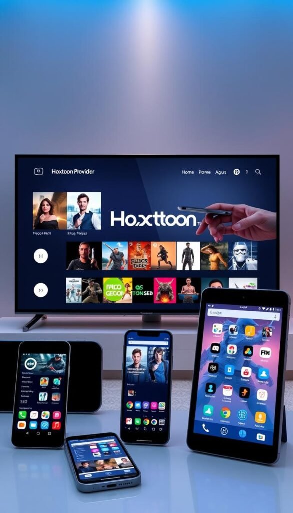 A high-quality, modern digital device displaying the Hoxtoon Provider IPTV app interface, showcasing a wide range of streaming content across multiple devices. The screen exhibits a sleek, intuitive design with crisp visuals and vibrant colors. In the foreground, an array of smart devices such as smartphones, tablets, and a smart TV are seamlessly connected, enabling effortless content consumption on the go. The middle ground features a clean, minimalist aesthetic with a focus on the Hoxtoon Provider brand identity. The background subtly hints at a technological landscape, with subtle lighting and a sense of depth, creating an immersive and premium viewing experience.