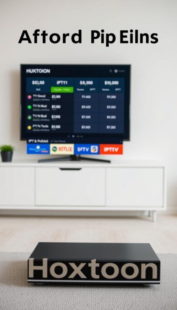 A high-quality photograph showcasing Hoxtoon Provider's affordable IPTV subscription plans. The image is set against a clean, minimalist background, with the plans presented in a clear, organized manner. The foreground features the Hoxtoon Provider brand name prominently displayed, conveying a sense of trust and reliability. The middle ground showcases the various IPTV plan options, each with clear pricing and feature details. The background is softly blurred, allowing the plans to be the focal point. The overall lighting is soft and natural, creating a welcoming and professional atmosphere. The camera angle is slightly elevated, giving the viewer a comprehensive view of the plans. The mood is one of simplicity, clarity, and accessibility, reflecting the affordability and value of Hoxtoon Provider's IPTV offerings.