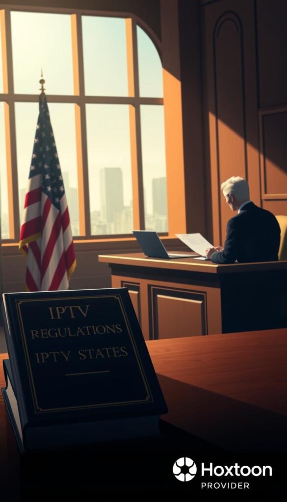 A high-quality, photorealistic digital illustration depicting the legal landscape of IPTV services in the United States. The scene shows a courtroom setting with a judge's bench, the American flag, and a book labeled "IPTV Regulations" in the foreground. In the middle ground, a lawyer argues a case before the judge, with legal documents and a laptop on the table. The background features a window with a cityscape outside, evoking a sense of the broader legal context. The lighting is dramatic, with warm tones and a sense of gravity and authority. The overall mood conveys the seriousness and complexity of the subject matter. In the bottom right corner, the Hoxtoon Provider logo is prominently displayed.
