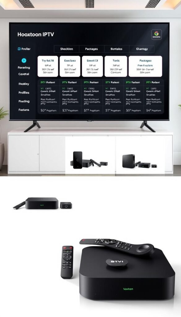 A high-quality, photorealistic image depicting the "Hoxtoon Provider" IPTV subscription plans. The foreground features a sleek, modern interface showcasing various subscription tiers, packages, and pricing details. The middle ground includes product shots of streaming devices, remote controls, and other IPTV hardware. The background portrays a sophisticated, minimalist office setting with clean lines, natural lighting, and subtle branding elements. The overall aesthetic conveys a sense of professionalism, reliability, and value for the Hoxtoon IPTV service.