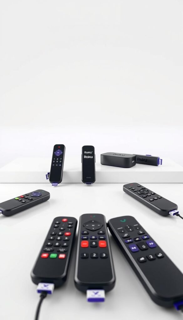 A high-quality, photorealistic image of Roku devices showcasing their compatibility with the Hoxtoon Provider IPTV service. The foreground features a Roku Streaming Stick, Roku Express, and Roku Ultra arranged neatly on a modern, minimalist white surface. The middle ground displays various Roku remote controls, highlighting their sleek designs. The background is a clean, bright studio setting with soft, even lighting that accentuates the devices' textures and colors. The overall composition conveys a sense of technological sophistication and seamless integration between Roku hardware and the Hoxtoon IPTV platform.
