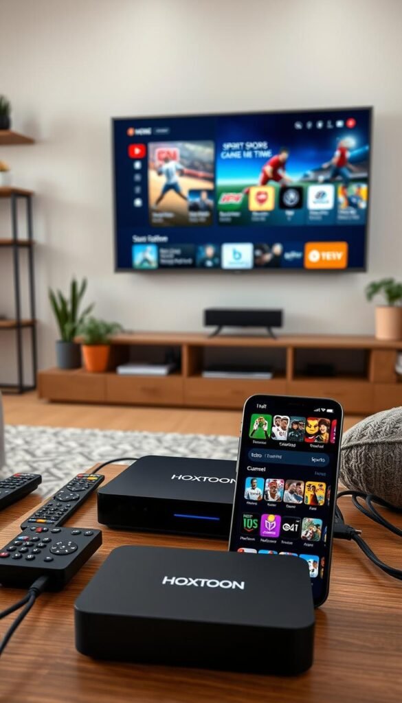 A high-quality, photorealistic image of a HOXTOON IPTV subscription setup. The scene depicts a clean, modern living room with a large flat-screen TV mounted on the wall. In the foreground, a sleek black HOXTOON set-top box is connected to the TV, surrounded by various remote controls and cables. The middle ground shows a smartphone or tablet displaying the HOXTOON app interface, showcasing the diverse sports channel selection. The background features tasteful decor elements like minimalist shelving and potted plants, creating a comfortable, inviting atmosphere. The lighting is soft and natural, emphasizing the premium quality of the HOXTOON IPTV experience.