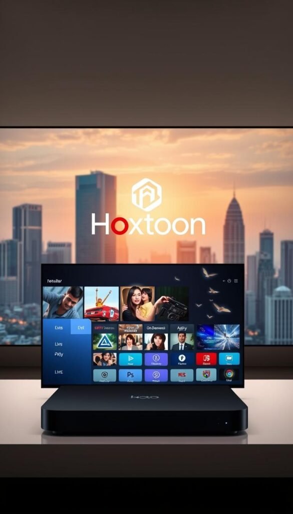 A high-quality, photorealistic image of the Hoxtoon Provider IPTV service in Indonesia. The scene shows a modern, sleek set-top box in the foreground, displaying a dynamic interface showcasing various premium live TV channels and on-demand content. In the middle ground, the Hoxtoon Provider logo is prominently displayed, conveyed through a minimalist and elegant design. The background features a cityscape of Jakarta, with skyscrapers and iconic landmarks bathed in a warm, golden hour lighting, creating a serene and aspirational atmosphere. The overall composition emphasizes the premium, cutting-edge nature of the Hoxtoon IPTV service, positioned as the leading provider in the Indonesian market.