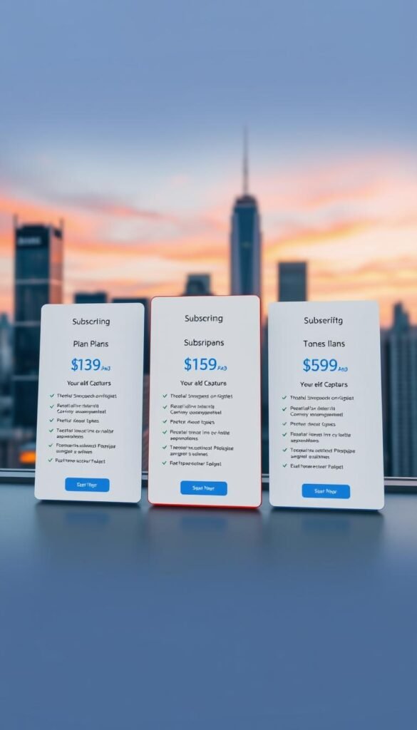 A high-quality, photorealistic image of the Hoxtoon Provider subscription plans. The image depicts a sleek, modern interface showcasing three distinct plan options, each with clear pricing, features, and benefits. The foreground highlights the plan details in a clean, minimalist layout, while the background features a subtle, blurred cityscape with skyscrapers and a vibrant sky, conveying a sense of technology and urban sophistication. The image is captured with a wide-angle lens, creating a sense of depth and emphasizing the overall presentation. The lighting is soft and diffused, creating a warm, inviting atmosphere that complements the Hoxtoon Provider brand.