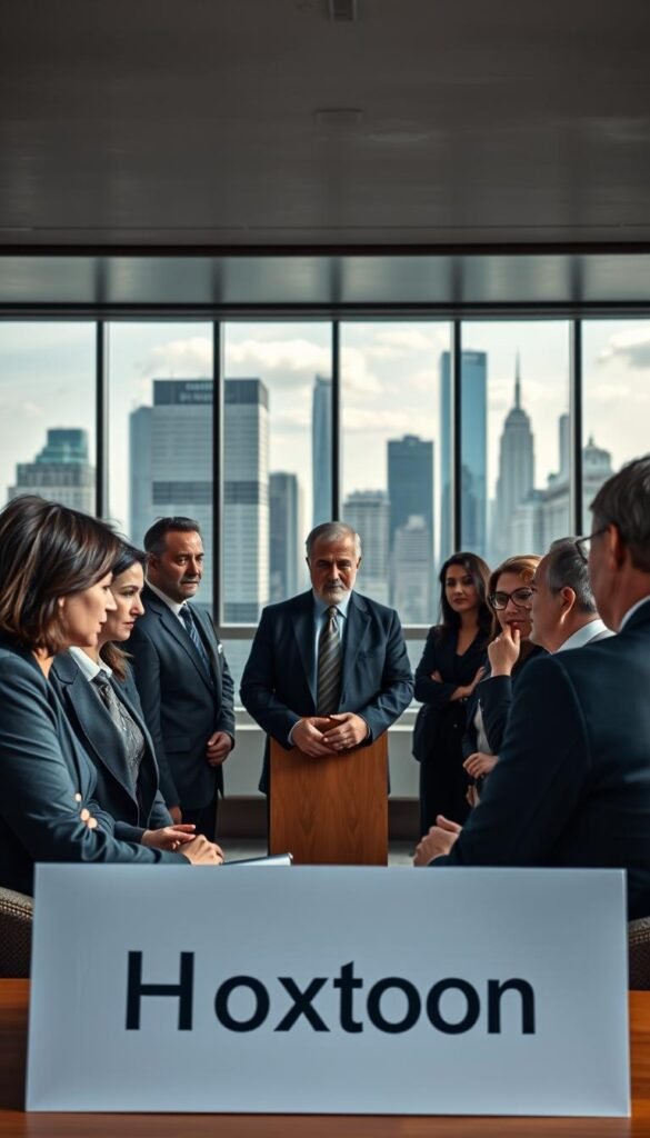 A high-quality, photorealistic image of the legal aspects of IPTV services in the United States. The scene depicts a government building, perhaps a courthouse or legislative office, with a striking modern architecture and large windows. In the foreground, a group of people, including lawyers, government officials, and IPTV service providers, are engaged in a discussion or meeting, their expressions serious and contemplative. The background features the cityscape, with skyscrapers and other iconic landmarks, conveying a sense of the broader legal and regulatory environment. The lighting is natural, with soft shadows and highlights, creating a sense of depth and realism. The overall mood is one of professionalism, authority, and the complexities of navigating the legal landscape surrounding IPTV. The Hoxtoon Provider brand is discreetly incorporated into the scene, perhaps on a sign or document.
